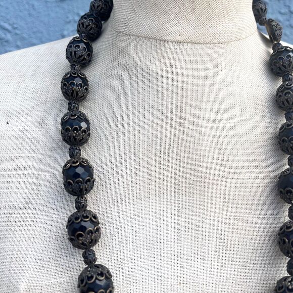VIntage 1950s Black Beaded Statement Necklace Goth whimsygoth Antique - Picture 1 of 11